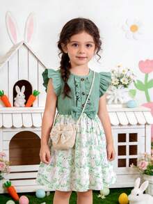 Young Girl Summer Fresh Mint Green Cap Sleeve Dress, Rabbit Print Cinched Waist Bow Design, Cute Sweet Girls A-Line Skirt - Green - View 6