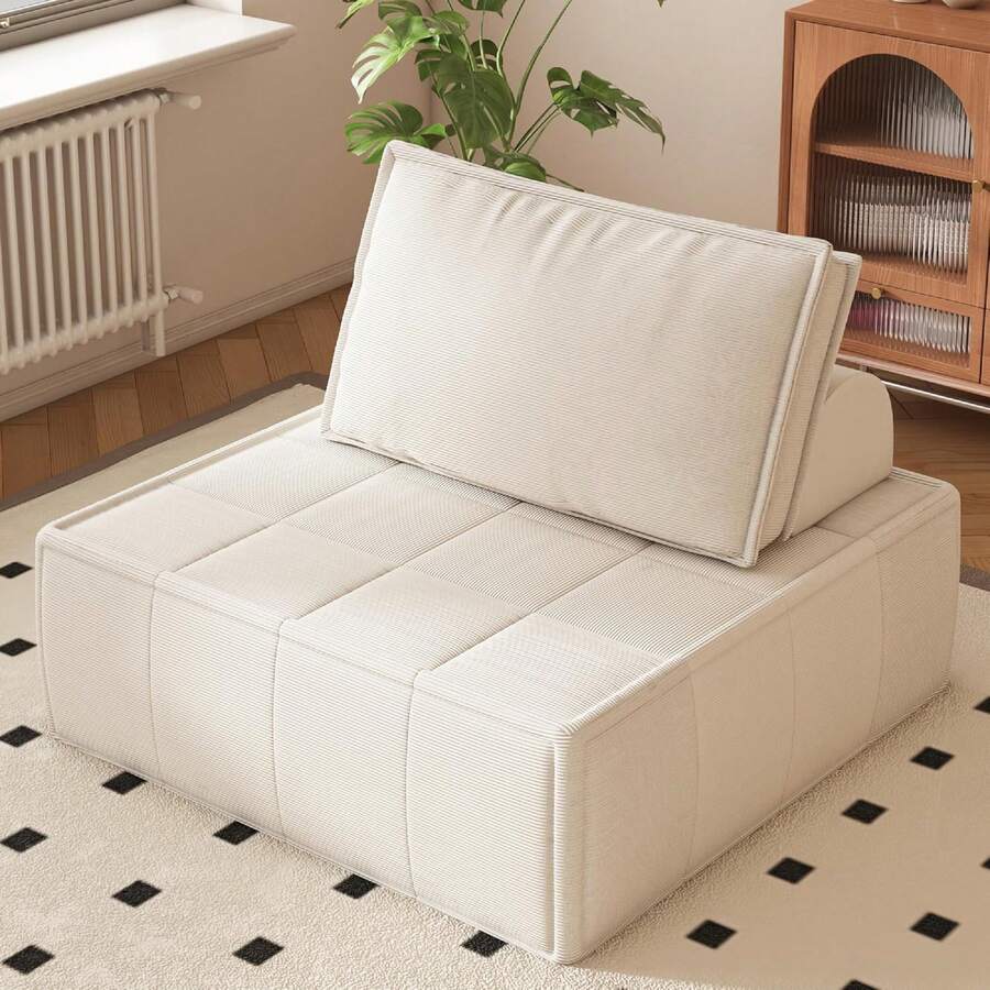 Modular Sectional Sofa, 35" Corduroy Sofa Sleeper Deep Seat Sofa With Adjustable Backrest, Small Couch For Small Spaces, Living Room, Bedroom, Apartment,Blue Office Couch - 米色 - 查看 1