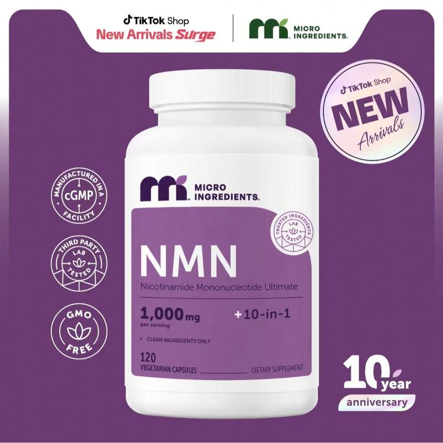 Micro NMN Complex 1,000mg Per Serving,10-1 Complex, Zero Filler Pure NMN 500mg With Vitamin C,Resveratrol,CoQ10.TMG,Quercetin,& Glutathione | NAD+Supplement Precursor - 1瓶 - 查看 1