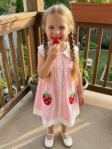 Toddler Girls Strawberry Dress Strawberry Embroidery Doll Collar Sleeveless Princess Dresses Checkered Pattern Layered A-Line Tank Skirt For Baptism Wedding Birthday Party - 粉色 - 查看 6