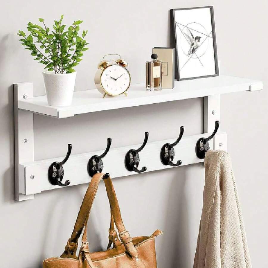 Wall Hooks With Shelf, Coat Rack Wall Mount For Coat Backpack Key Clothes Hanger, Wall Floating Shelf Hanging In Entryway, Living Room, Bathroom, Bedroom, Kitchen(White),39922083 - 白色 - 查看 1
