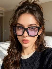 1pc European & American Fashion Square Clear Lens Rivet Street Style Eyeglasses Frame, Business Crossborder Glasses - Bright Black Frame White Film - View 3