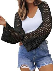 Cárdigan de punto de ganchillo ligero para mujer, primavera 2026, chaqueta corta de manga larga con calado - Negro - Ver 1