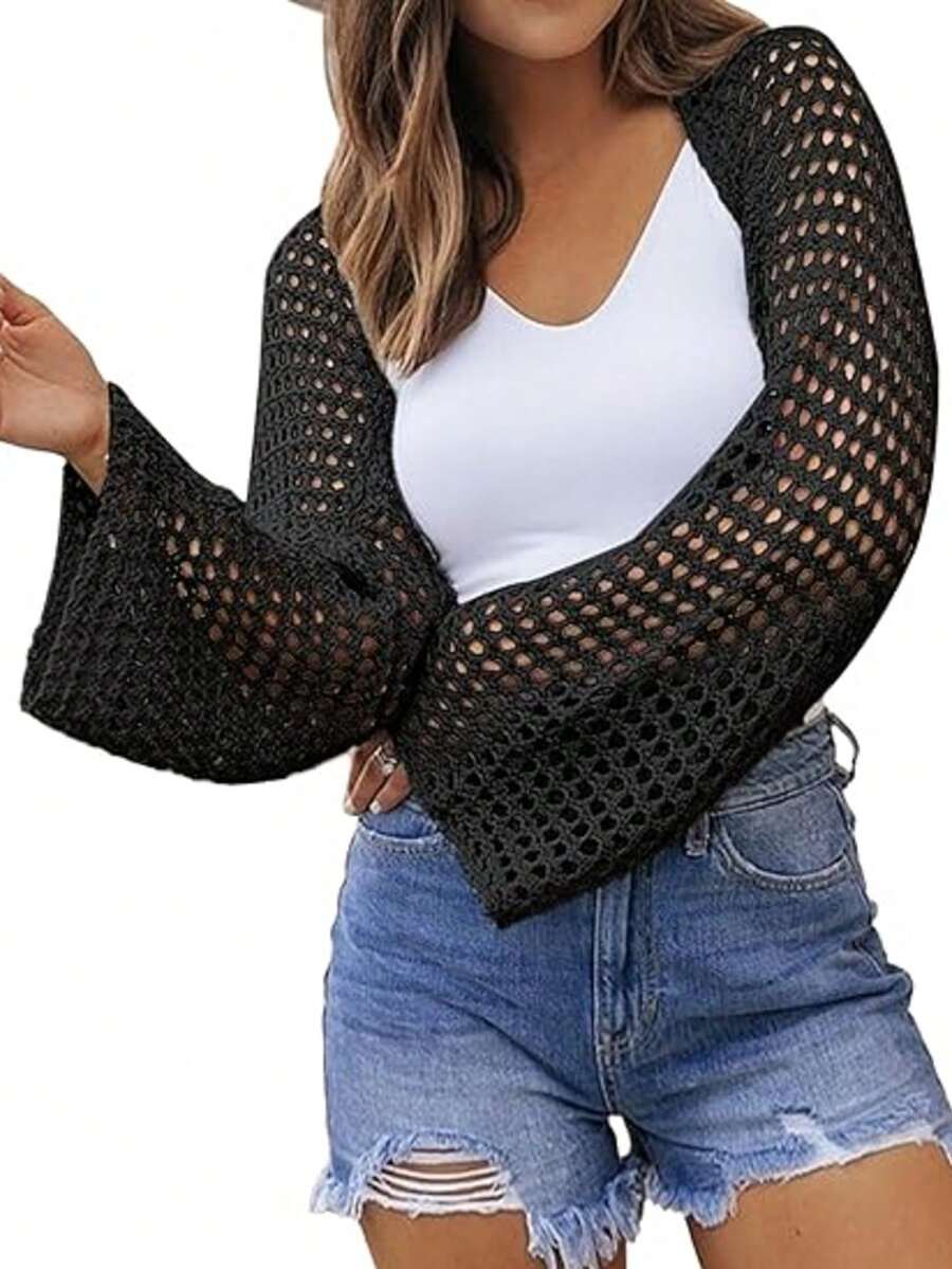 Cárdigan de punto de ganchillo ligero para mujer, primavera 2026, chaqueta corta de manga larga con calado - Negro - Ver 1