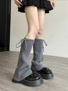 1 双白色/灰色蝴蝶结针织腿套，纯色喇叭形袜口，适用于雪地靴 - 彩色 - 查看 7