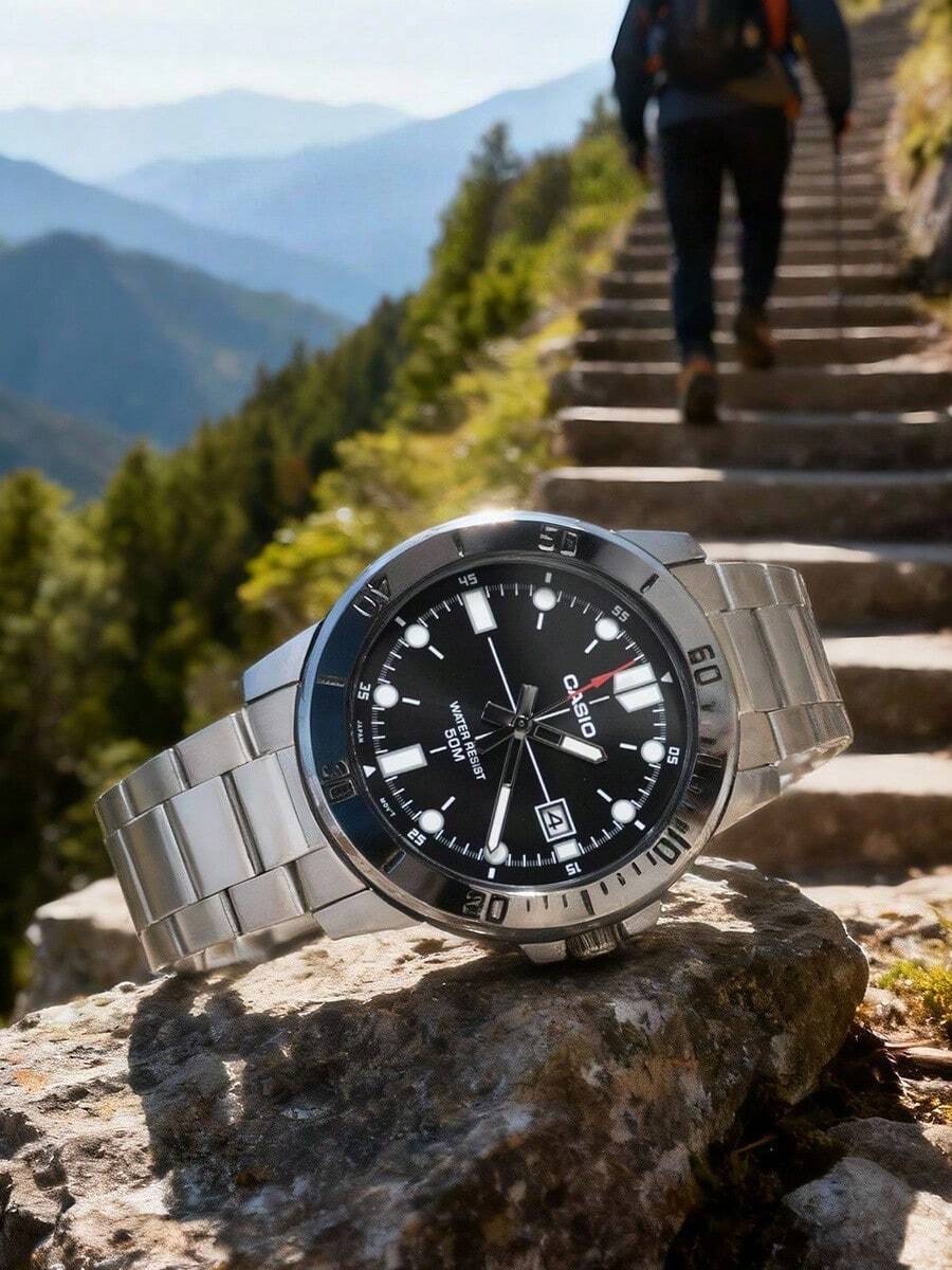 Casio 男士石英表，仿模拟表盘，不锈钢表带，黑色表盘，50米防水，日期显示，适合商务及日常佩戴，MTP-VD01D-1EVUDF - 黑色 - 查看 1