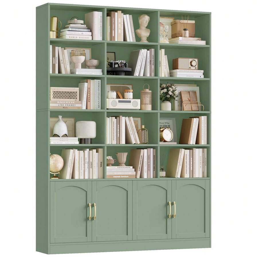 209cm Bookcase Tall Bookshelf With Doors 7-Tier Living Room Bookcase And Shelving Unit Free Standing Display Rack With 15 Open Compartments 209x150x23.7cm Green - Green - View 1