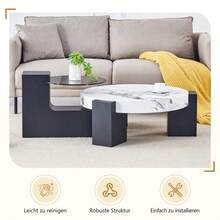 Modern, Simple Round Side Table With Two Levels – Transparent Grey Glass Top And Black MDF In An L-Shape. Marble-Effect Tabletop. Disassemblable Design For More Flexible Room Use. - 黑與白 - 查看 4