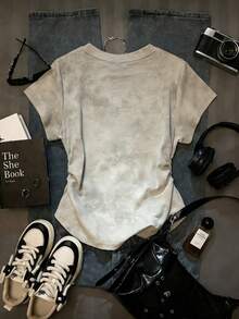 Women's V-Neck Short Sleeve T-Shirt With Waist Cinching Design, Tie-Dye Craftsmanship, Y2K Fitted Cropped Top - Khaki - View 2