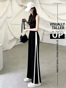 新款春夏女裤，复古风，侧边撞色喇叭裤，松紧腰带，侧边口袋，波西米亚风 - 黑色 - 查看 7