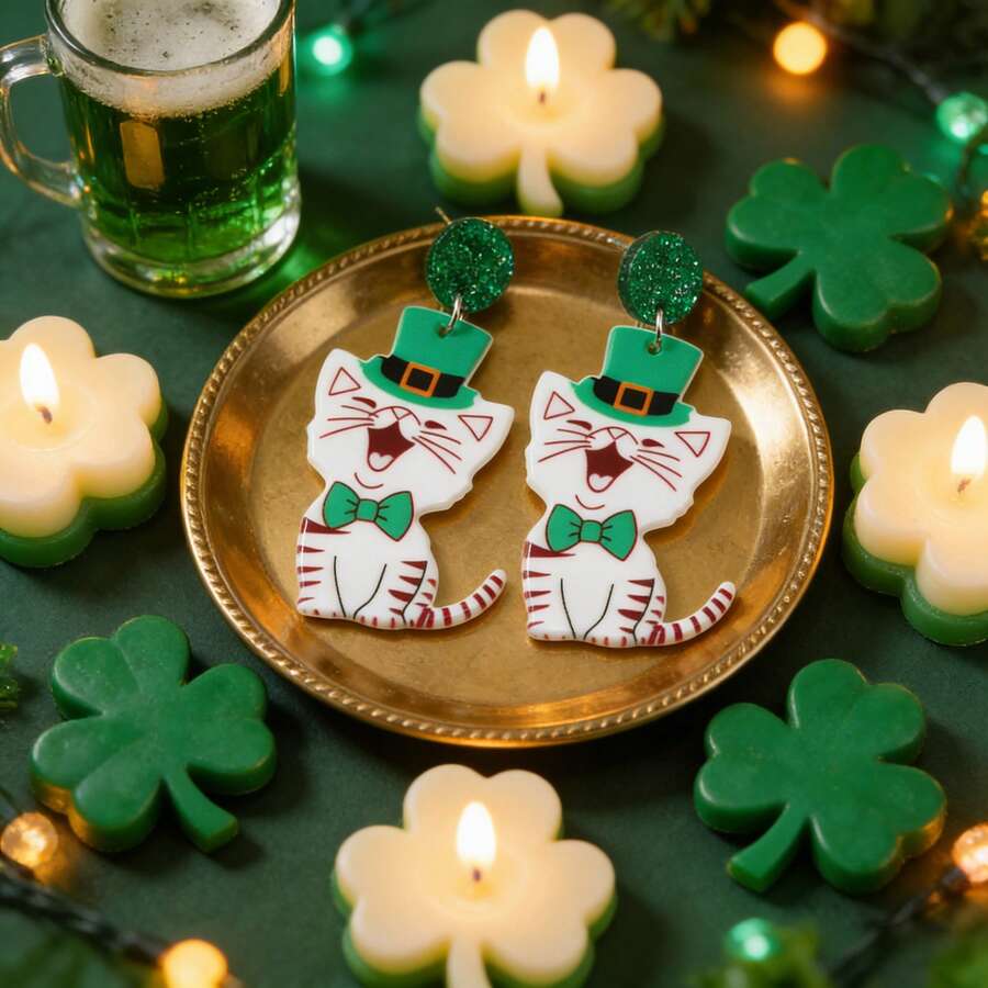 圣帕特里克节绿色三叶草眼镜、小狗耳环、闪亮绿色亮片，充满节日气氛，可爱又吸睛的设计 - 彩色 - 查看 1