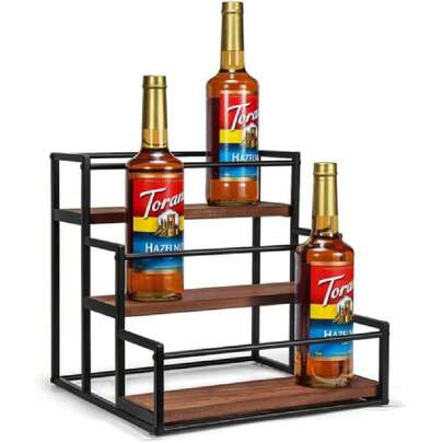 3-Tier Wine Rack For Countertop, Wood & Metal Storage Shelf For Wine Bottles, Spices, Or Liquor, Coffee Syrup Rack Organizer (Black),39691535