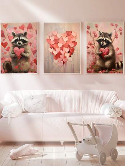 1幅帆布墙画 - 浣熊 | 情人节墙画，粉色情人节装饰，可爱浣熊礼物，俏皮爱心图案，心形绘画可打印模板 | 爱心礼物，艺术印刷品，迷人房间装饰，儿童房装饰 - 婴儿用品_ 带框婴儿房墙画，完美适用于游戏室装饰、婴儿房装饰、育儿室装饰、幼儿园装饰、男孩房装饰、女孩卧室装饰