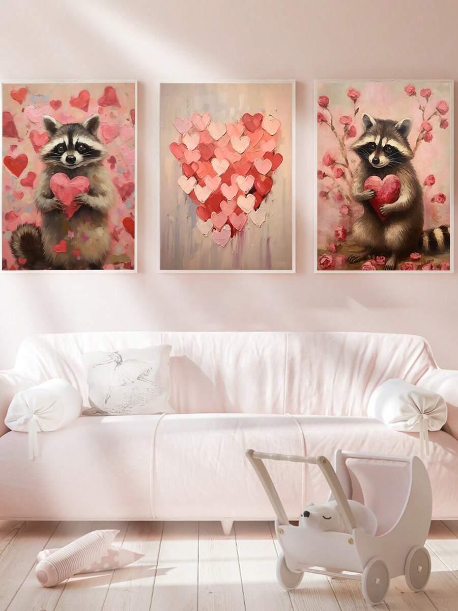 1幅帆布墙画 - 浣熊 | 情人节墙画，粉色情人节装饰，可爱浣熊礼物，俏皮爱心图案，心形绘画可打印模板 | 爱心礼物，艺术印刷品，迷人房间装饰，儿童房装饰 - 婴儿用品_ 带框婴儿房墙画，完美适用于游戏室装饰、婴儿房装饰、育儿室装饰、幼儿园装饰、男孩房装饰、女孩卧室装饰 - 彩色 - 查看 1