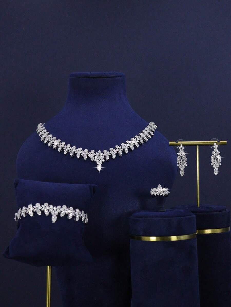 5pcs Luxury Series Geometric Design Bridal Wedding Jewelry Set, Plated White Gold, Suitable For Daily Wedding Wear, Wedding Anniversary Gift (Comes With Gift Box) - Geometric Bridal Set - View 1