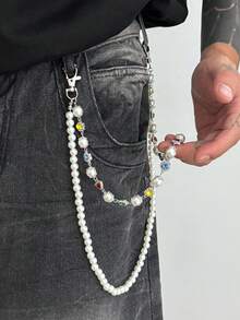 1 件复古优雅简约水钻花朵和人造珍珠腰链，男士嘻哈时尚魅力身体链，用于裤子装饰