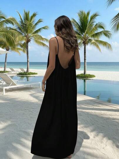 Vestido de verano sin mangas con espalda descubierta para mujer, vestido de tirantes finos y fluido, vestido largo de playa con bolsillo y lazo en la espalda, sin mangas, largo