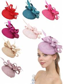 1件纯色蝴蝶结贝壳波西米亚宫廷风优雅涤纶头饰，带羽毛装饰，适合赛马日、单身派对、婚礼、节日派对、下午茶会、圣诞节等场合。