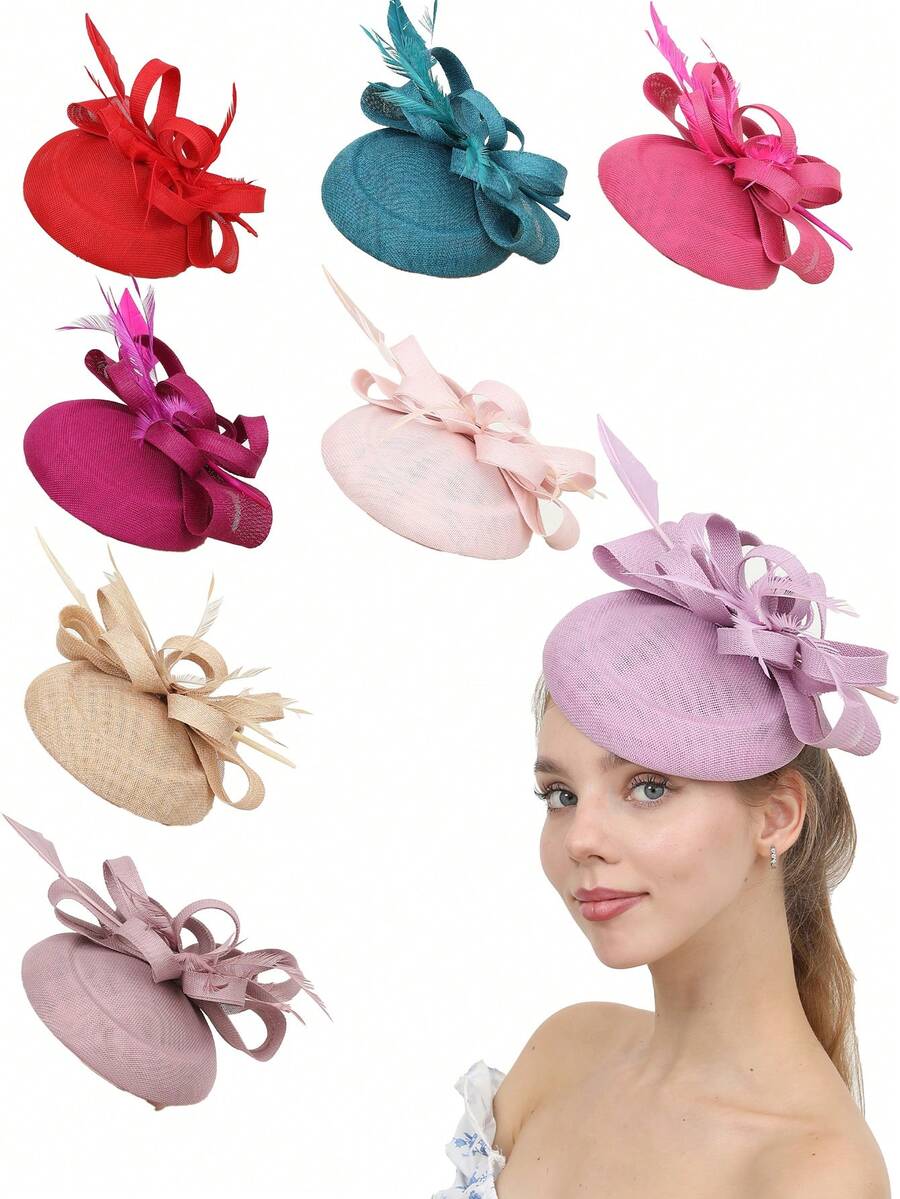 1件纯色蝴蝶结贝壳波西米亚宫廷风优雅涤纶头饰，带羽毛装饰，适合赛马日、单身派对、婚礼、节日派对、下午茶会、圣诞节等场合。