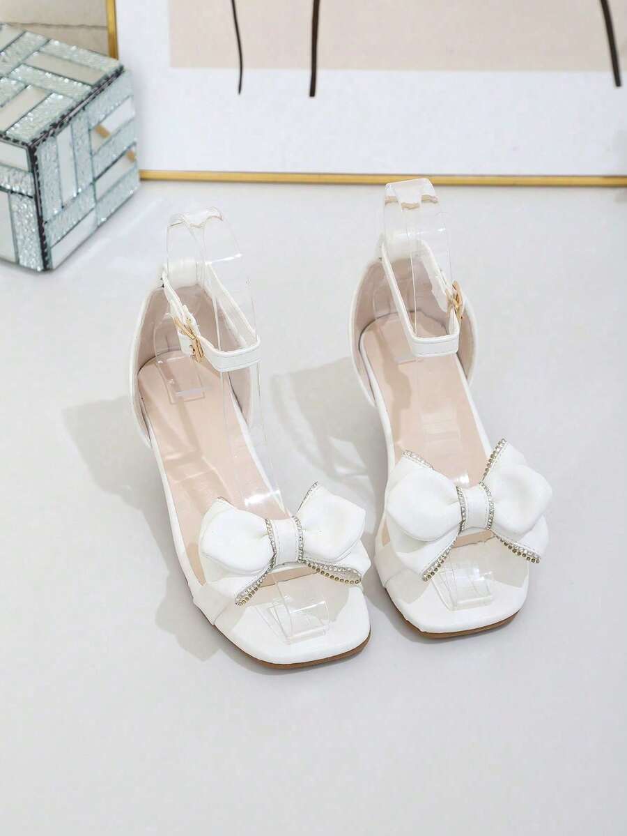 1 par de sandalias de tacón alto de verano para niñas, con doble capa de lazo de rhinestone, zapatos de princesa soñadora, punta cuadrada, adecuados para fiestas, reuniones y actuaciones escolares - Blanco - Ver 1