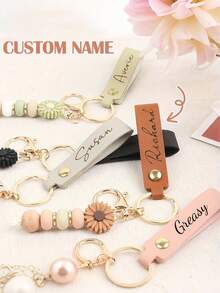 定制雏菊串珠钥匙扣，个性化字母硅胶串珠钥匙扣，带挂绳和花卉图案，适合女性，优雅礼物，教师节、婚礼、情人节、小饰品 - 彩色 - 查看 4