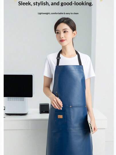 PU wasserabweisende und ölbeständige weiche Lederküchenschürze, geeignet für Cafeteria, Supermarkt, Catering, Küche, Fischmarkt, Uniform, geeignet für Sommer und alle Jahreszeiten, unisex Lässig und elegant [Navy Blau]