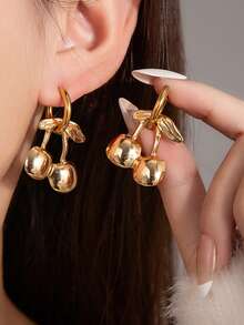 2pcs Shiny Gold Cherry Earrings, Fashionable Niche Elegant Earrings For Women - Gold - View 1