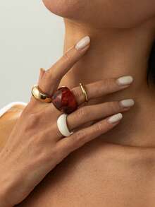 4件套波西米亚几何弧形树脂戒指套装，奢华休闲派对日常婚礼假日百搭魅力珠宝戒指，女士礼物 - 戒指 - 查看 2