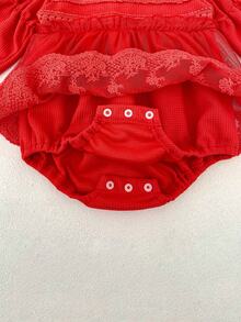 Infant Girls' Waffle Ruffle Trim Long Sleeve Dress, Spring/Autumn - Red - View 9