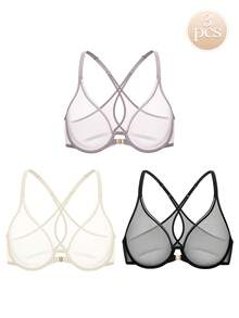 Wingslove 3pcs Women's Front Closure Lace Bras, Criss-Cross Back Sheer Unpadded Minimalist Lingerie Set - Multicolor - View 6
