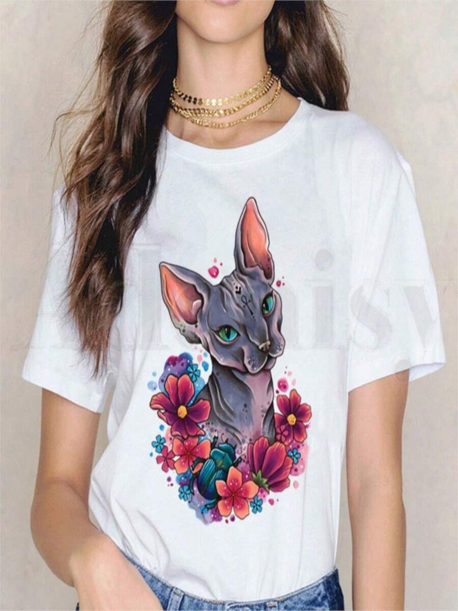 COOL SUMMER Sphynx Cats T-Shirts Printed Cartoon Cat T Shirts Funny Short SLeesve Female Tops Tees Harajuku Vintage Women's T-Shirt Clothing - trắng - Xem 1