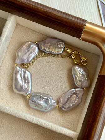 1 pieza Elegante pulsera barroca de perlas de agua dulce natural, diseño único, de alta gama, joyería de pulsera cuadrada de verano para mujeres