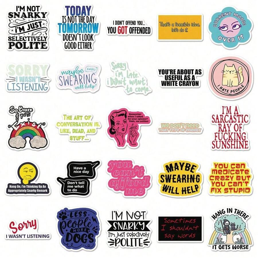 50Pcs Sarcastic Stickers Cartoon Stickers Funny Stickers Dark Humor Stickers Meme Stickers Graffiti Stickers Vinyl Waterproof Stickers For Water Bottle,Computer,Laptop,Phone,Luggage,Notebook,Fridge - Multicolor - View 1