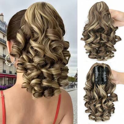 12英寸短款蓬松波浪卷发马尾假发，适合女性佩戴，采用合成材料制成，可夹在马尾上。