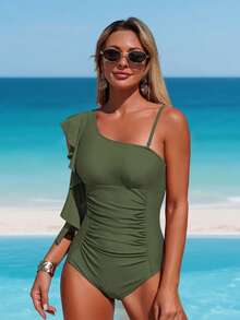 Traje de baño entero con volantes para mujer, escote de hombros descubiertos, color liso, elegante, diseño con flecos. - Verde militar - Ver 2