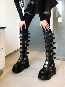 Women's Goth Platform Knee High Boots Fashion Metal Buckle Wedges High Heels Round Toe Zip Punk Combat Boots - Đen A - Xem 1