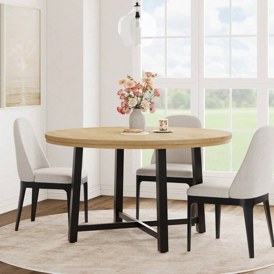 47 In Round Dining Table, Industrial Dinner Table For 4 To 6, Wooden Kitchen Table With Sturdy Metal Frame & Rustic Light Oak Finish, Circle Kitchen Table For Dining Room, Kitchen (No Chairs) - Màu gỗ tự nhiên - Xem 1