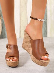 Women's Fashionable Versatile Buckle Design Thick Bottom Wedge Sandals For Daily Wear - Brown - View 5