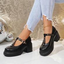 Women's Retro Mary Jane Pumps, Thick Heel, Waterproof Platform, Studded, British Style Leather Shoes - Black - View 1