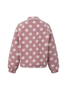 Womens Fall Winter Fleece Jacket Dot Pattern Long Sleeve Lapel Button Down Sherpa Coat - Deep Pink - View 2