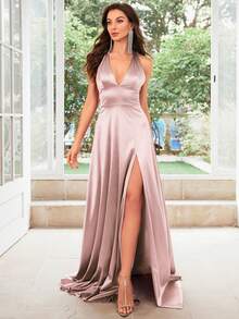 1950s Retro V-Neck Backless Satin Cocktail Party Dress Wedding - Baby Pink - View 3