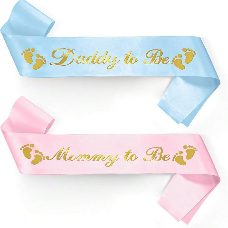 2pcs Ribbon Set For Expectant Mothers And Fathers, Christmas - Blue Dad and Pink Mom Belts - View 1
