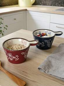1pc Ceramic Beaded Handle Sauce Bowl, Breakfast Cup Baking Container, Steaming Cooking Baking Bowl Milk Cup Cake Bowl, Oatmeal Cup Snack Bowl, Suitable For Kitchen, Living Room, Dining Room, Tableware, Cup, Ramadan Dinnerware - Multicolor - View 7