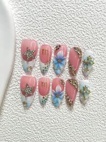 10件套Y2K复古美甲套装，手工渐变蓝色花朵、闪亮水晶星星、十字架、爱心美甲装饰、金色水晶美甲贴纸、裸色和蓝色指甲油，3种尺寸，包含工具包（1张果冻贴纸+1个指甲锉），适合派对、婚礼、日常佩戴，是送给女性和女孩的绝佳礼物。 - 彩色 - 查看 17