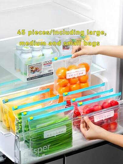 45 Stücke wiederverwendbare luftdichte Lebensmittel-Aufbewahrungsbeutel (10 Groß + 15 Mittel + 20 Klein), dicke Gefrierbeutel, mikrowellengeeignet, blau, für langfristige Lebensmittelaufbewahrung und -organisation, transparente PE-Reißverschlussbeutel, geeignet für Küchen-Lebensmittelkategorisierung, Snack-Aufbewahrung, Obst- & Gemüsesortierung, um Frische zu bewahren, unverzichtbare Haushalts-Lebensmittelaufbewahrungsbeutel 10/15/20/45 Stück