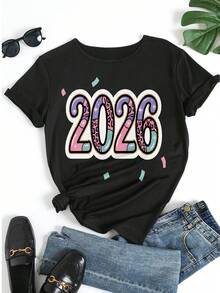 Tricou pentru femei 2026 cu mânecă scurtă și imprimeu grafic, top casual cu guler rotund, design colorat cu numere și modele, croială lejeră, ținută zilnică de vară pentru petreceri și vacanțe - Negru - Vizualizare 5