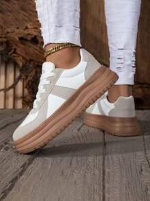 1双青少年休闲真皮运动鞋，厚底防滑，舒适柔软内衬，简约日常穿着滑板鞋 - 卡其色 - 查看 9