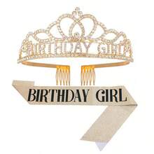 1 Set Gold Crystal Crown + Shoulder Strap, Birthday Girl Crystal Tiara Crown & Glitter Ribbon Set, Gold-Plated Crystal Hair Accessories With Comb, Women/Girls Birthday Party Decorations - Gold - View 1