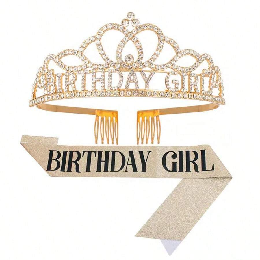 1 Set Gold Crystal Crown + Shoulder Strap, Birthday Girl Crystal Tiara Crown & Glitter Ribbon Set, Gold-Plated Crystal Hair Accessories With Comb, Women/Girls Birthday Party Decorations - Gold - View 1