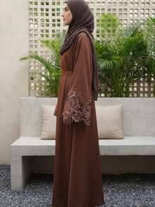 1pc Women's A-Line Sleeve Lace Arabic Traditional Solid Color Eid Al-Fitr Holiday Casual Jalabeya Robe Robe Spring - Coffee Brown - View 4